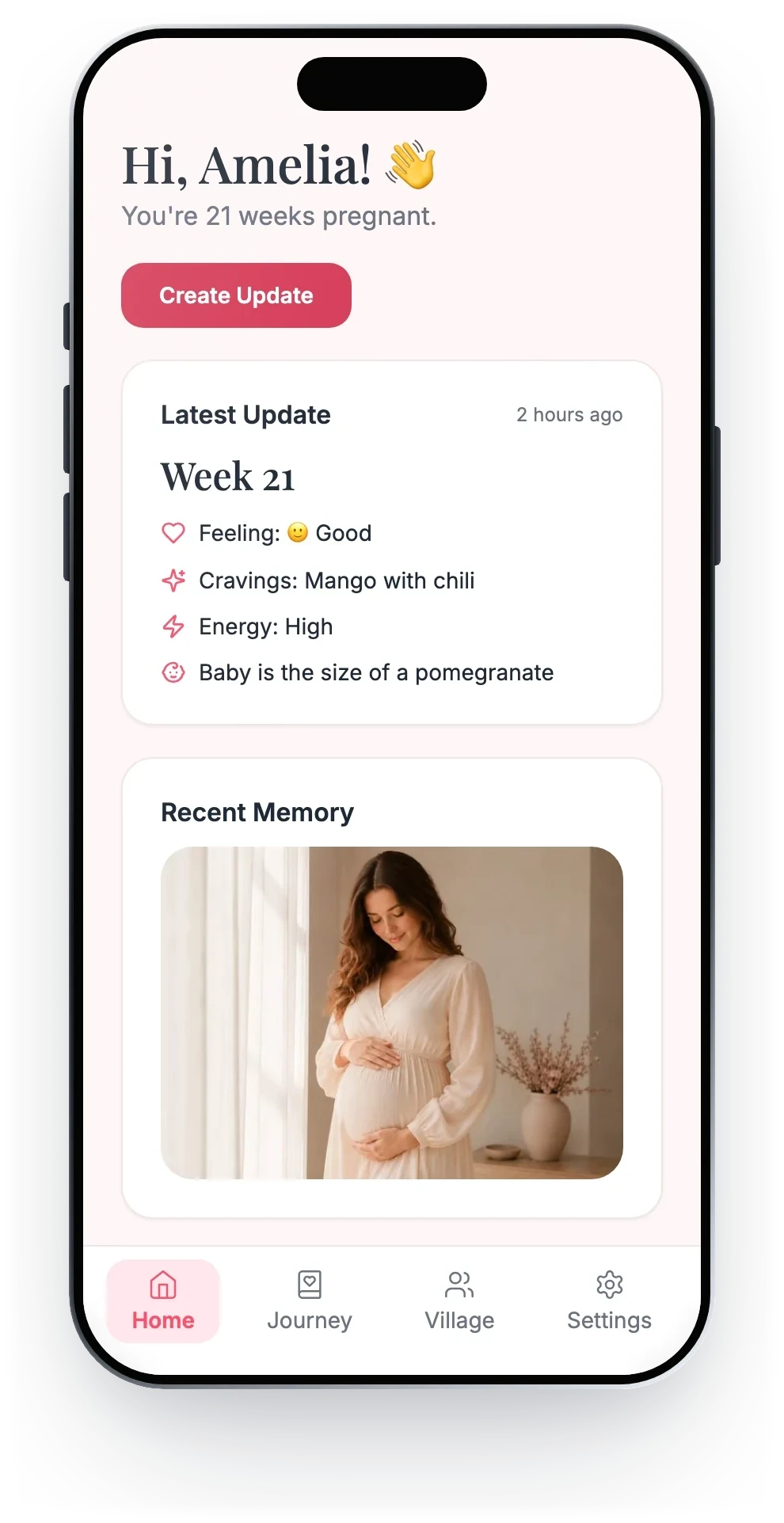 The mom's home screen with her latest update